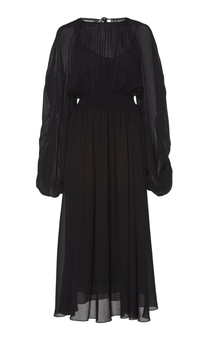 Rochas Long Sleeve Pleated Midi Dress