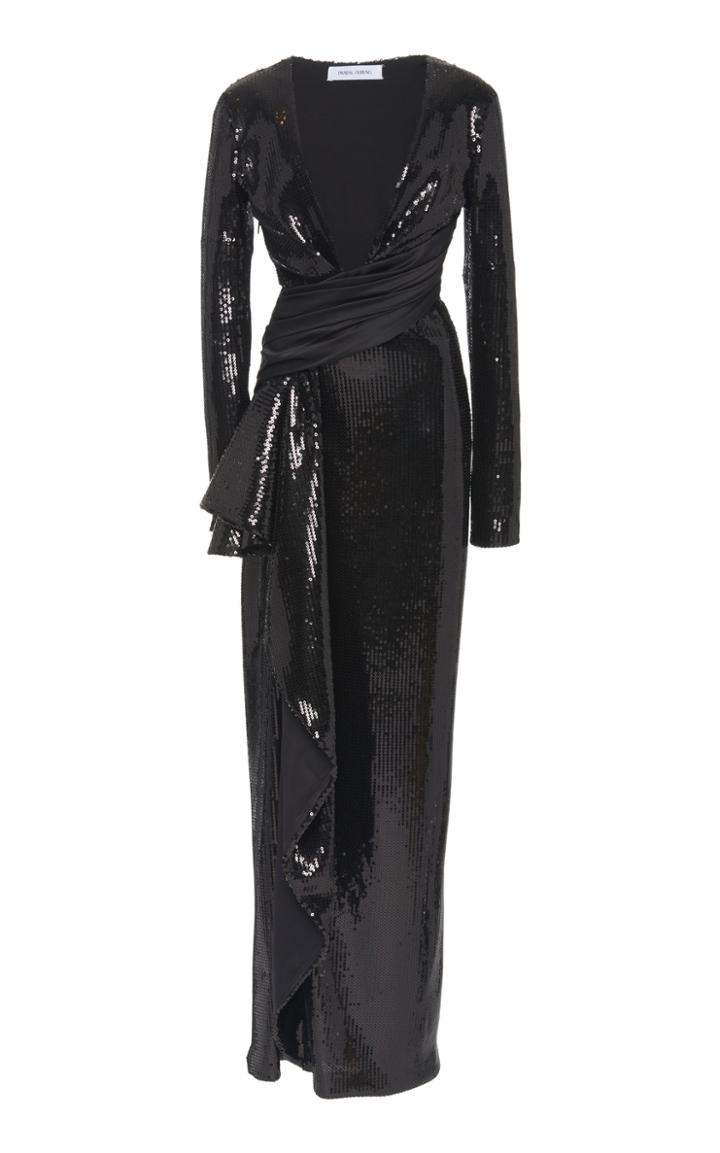 Prabal Gurung Cascade Wrap-waist Sequined Gown