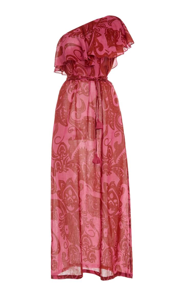 Moda Operandi Le Sirenuse Positano Pomegranate Anne Paisley Cotton One-shoulder Dres