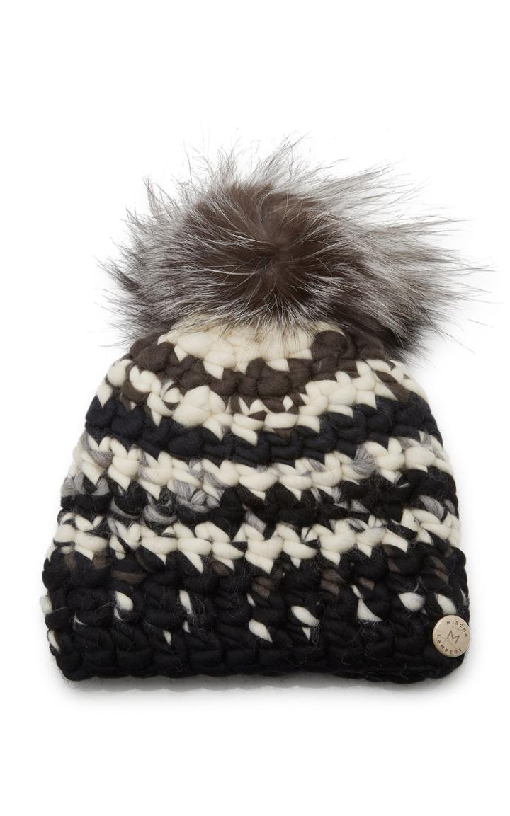Mischa Lampert Striped Fur Pom-pom Wool Beanie