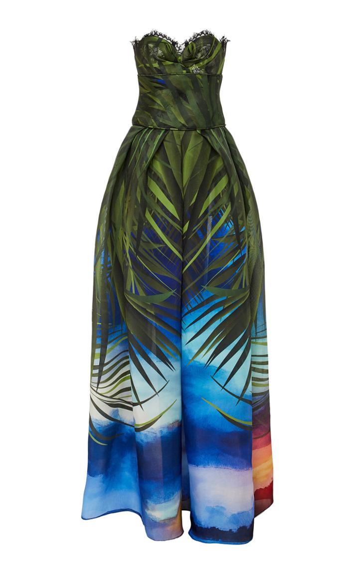 Naeem Khan Silk Jingle Print Strapless A-line Gown