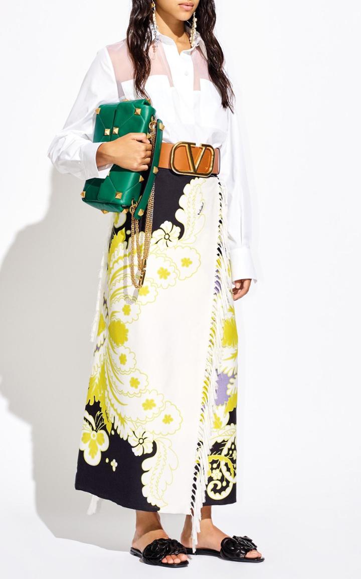 Moda Operandi Valentino Fringed Printed Cotton Twill Maxi Wrap Skirt