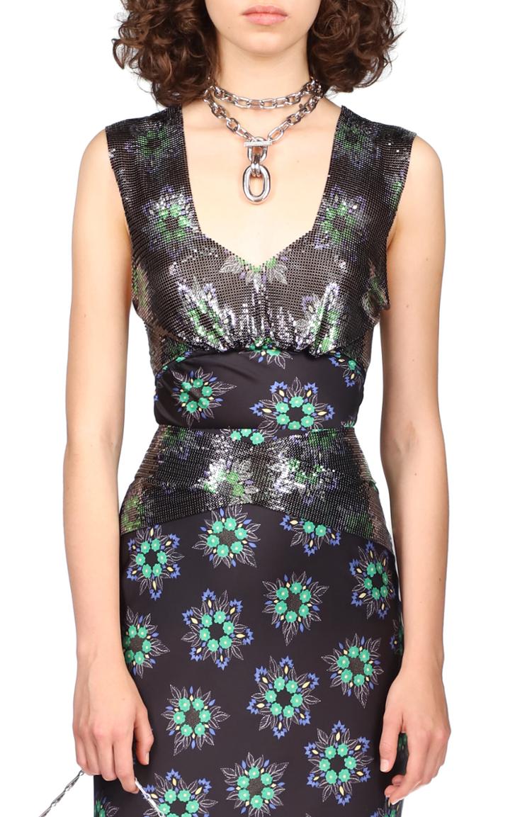 Moda Operandi Paco Rabanne Chainmail-detailed Floral Satin Top