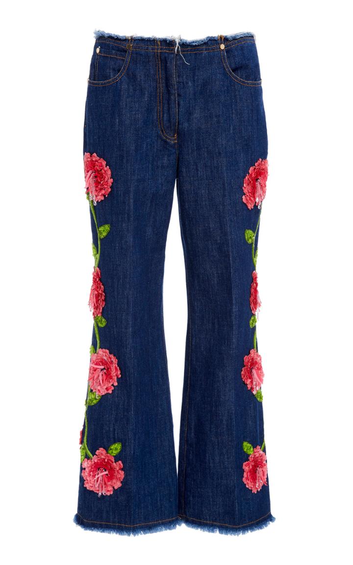 Michael Kors Collection Cropped Embroidered Flare Rose Jeans