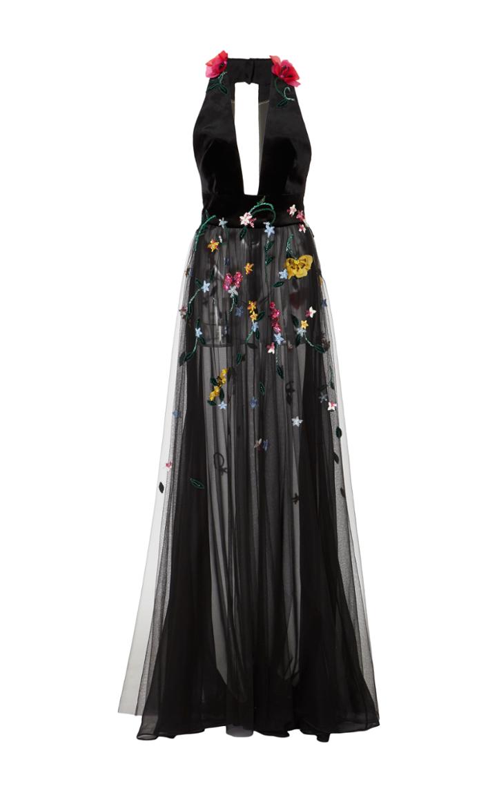 Monique Lhuillier Halter Neck Embroidered Gown