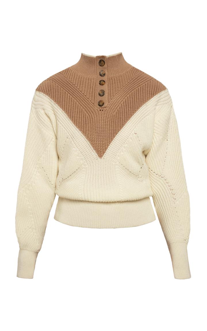 Anna October Vera Wool Varigated-stitch Colorblocked Button-neck Sweater