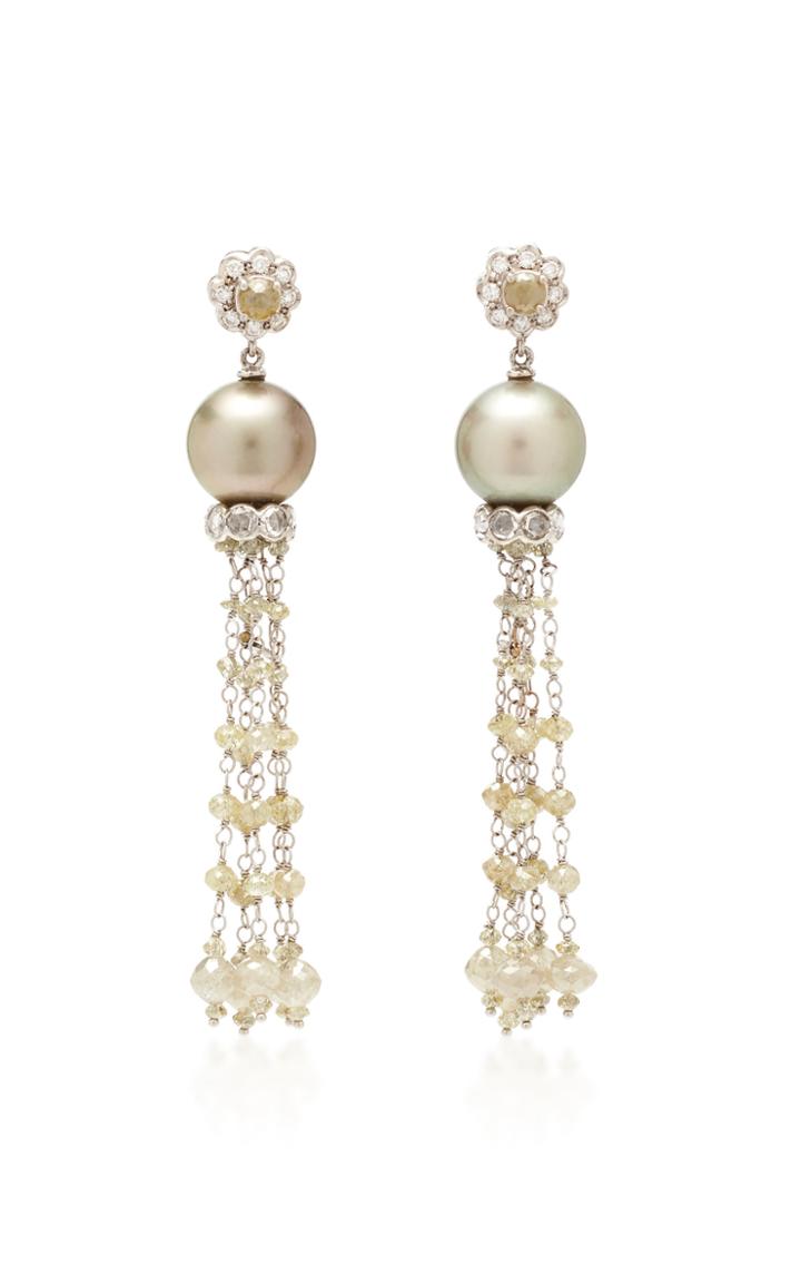 Busatti 18k White Gold Pearl And Diamond Tassel Earrings