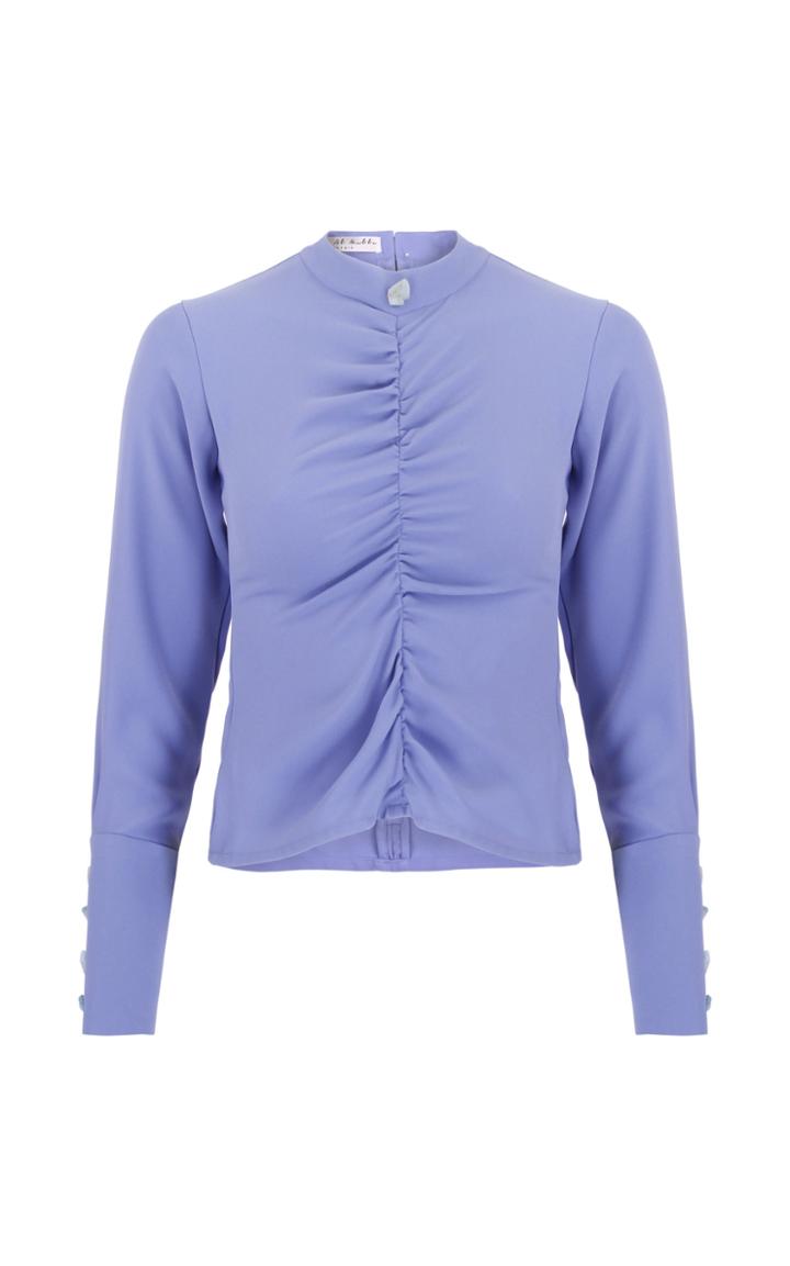 Amal Al Mulla Blue Crepe Rushed Fitted Top With Aquamarine Stone Detailing