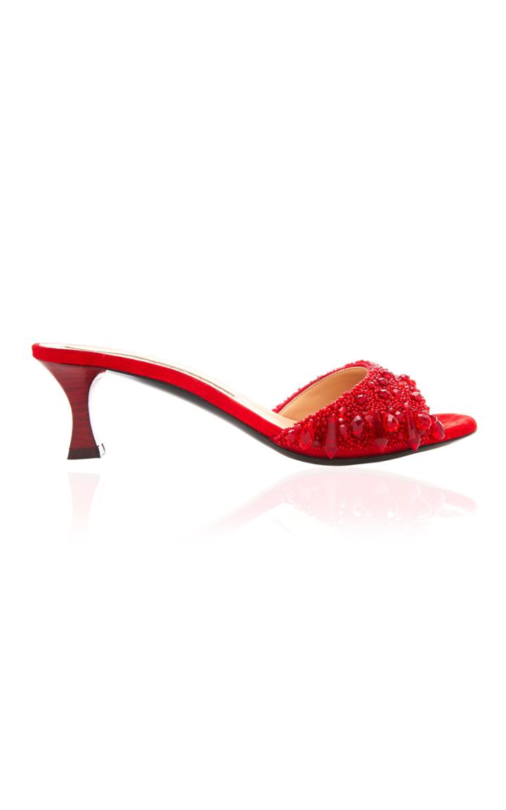 Tabitha Simmons For Brock Collection Embroidered Suede Kitten Heel Slides