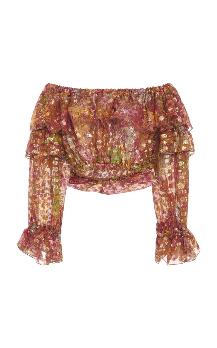 Moda Operandi Dundas Metallic Floral Silk-blend Ruffled Cropped Blouse Size: 38