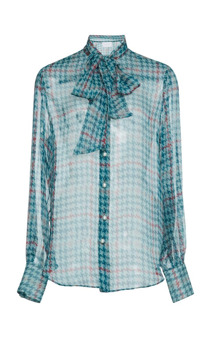 Luisa Beccaria Chiffon Printed Check Bow Blouse