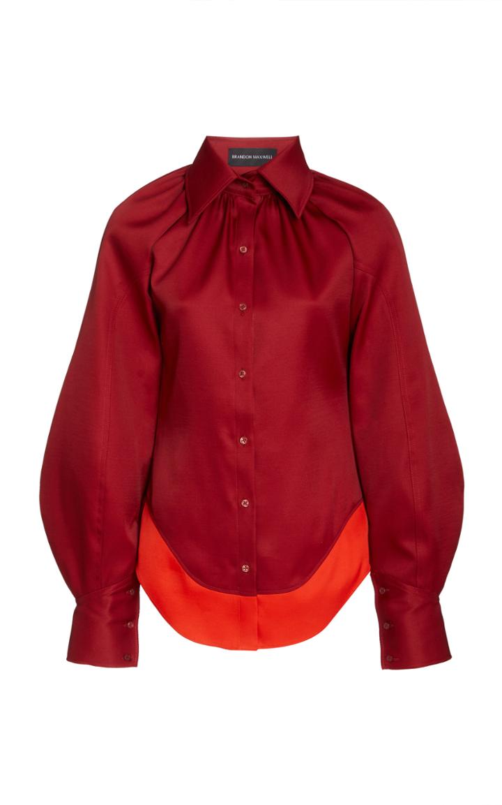 Brandon Maxwell Shirred Neck Lantern Sleeve Top