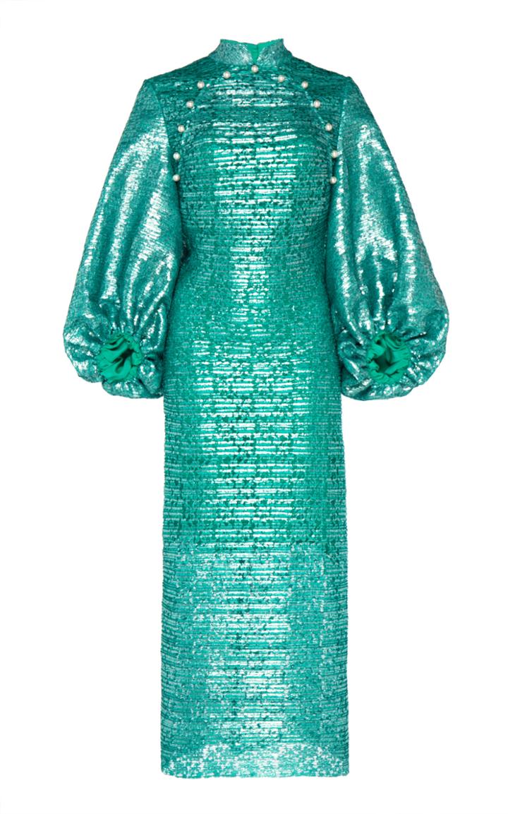 Huishan Zhang Sandie Balloon-sleeve Pearl-detailed Midi Dress
