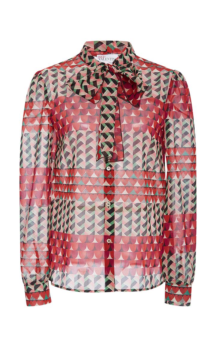 Red Valentino Geometric Fantasy Print Silk Tie Neck Blouse
