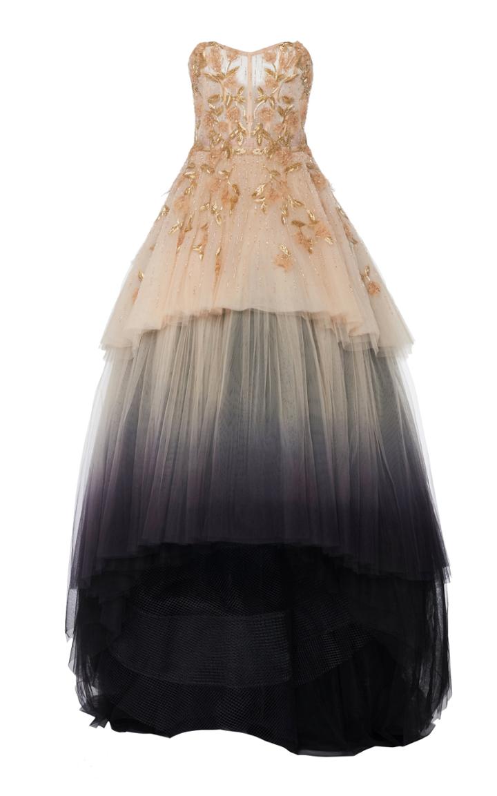 Pamella Roland Floral-emrboidered Ombre Organza Gown