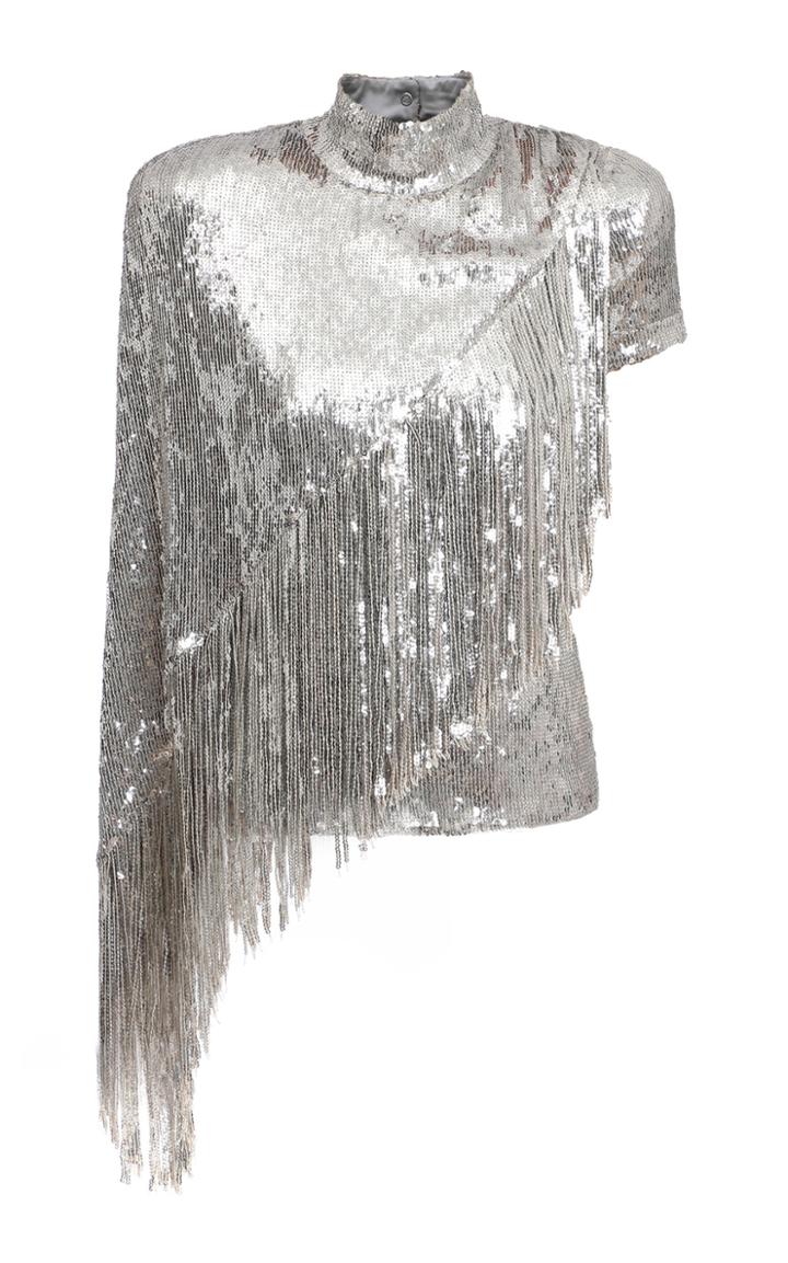 Balmain Fringed Asymmetric Sequined Top