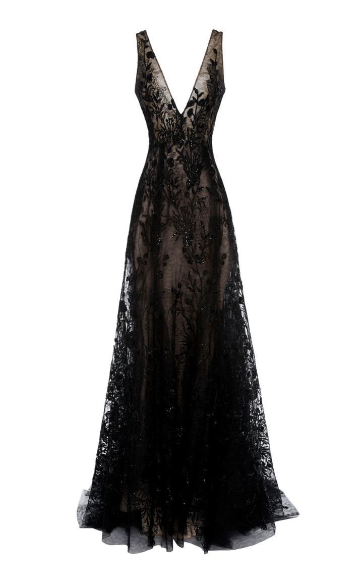 Monique Lhuillier Embroidered V-neck Organza Gown