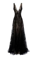 Monique Lhuillier Embroidered V-neck Organza Gown
