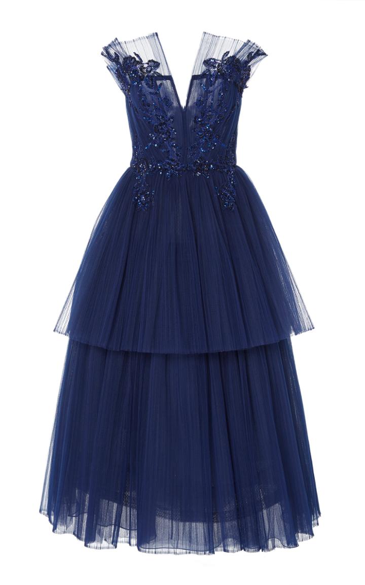Pamella Roland Strapless Embroidered Tea Length Tulle Dress