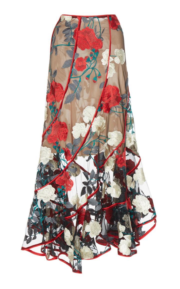Costarellos Skew Vollants Embroidered Tulle Skirt