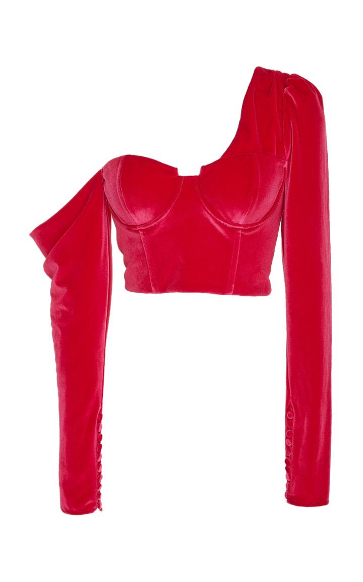 Self Portrait One-shoulder Velvet Crop Top