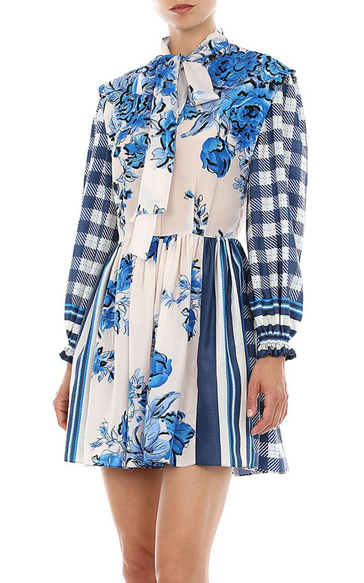Moda Operandi Alberta Ferretti Floral Silk Habotai Tie-neck Mini Dress