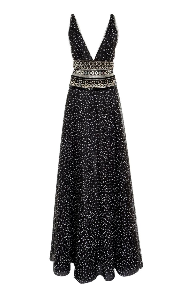Naeem Khan Bead Embroidered V-neck Gown