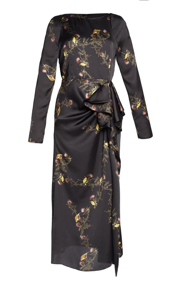 Lake Studio Long Sleeve Floral Satin Midi Dress