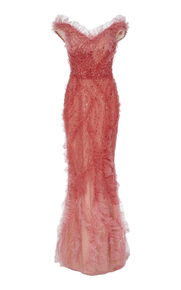 Marchesa Embellished Beaded Off-shoulder Ruffled Tulle Gown