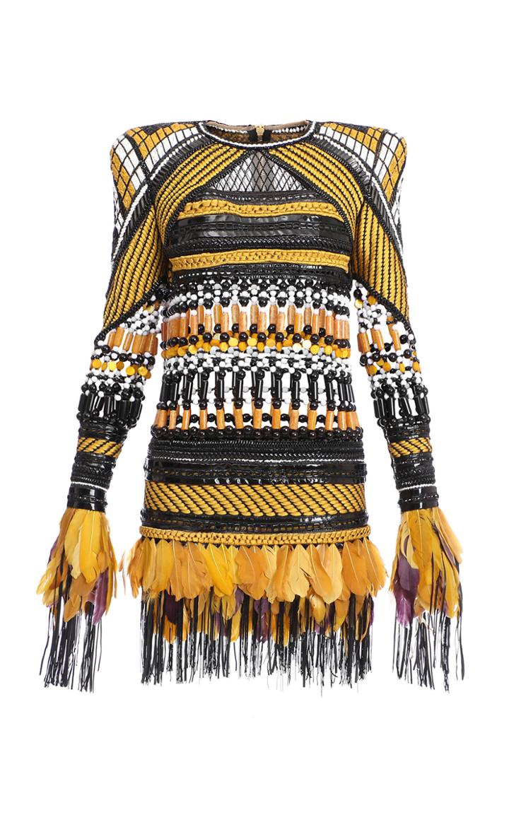 Balmain Feather-trim Embroidered Dress