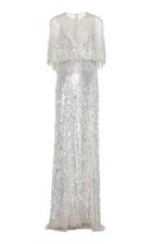 Monique Lhuillier Embroidered Metallic Capelet Tulle Gown Size: 2