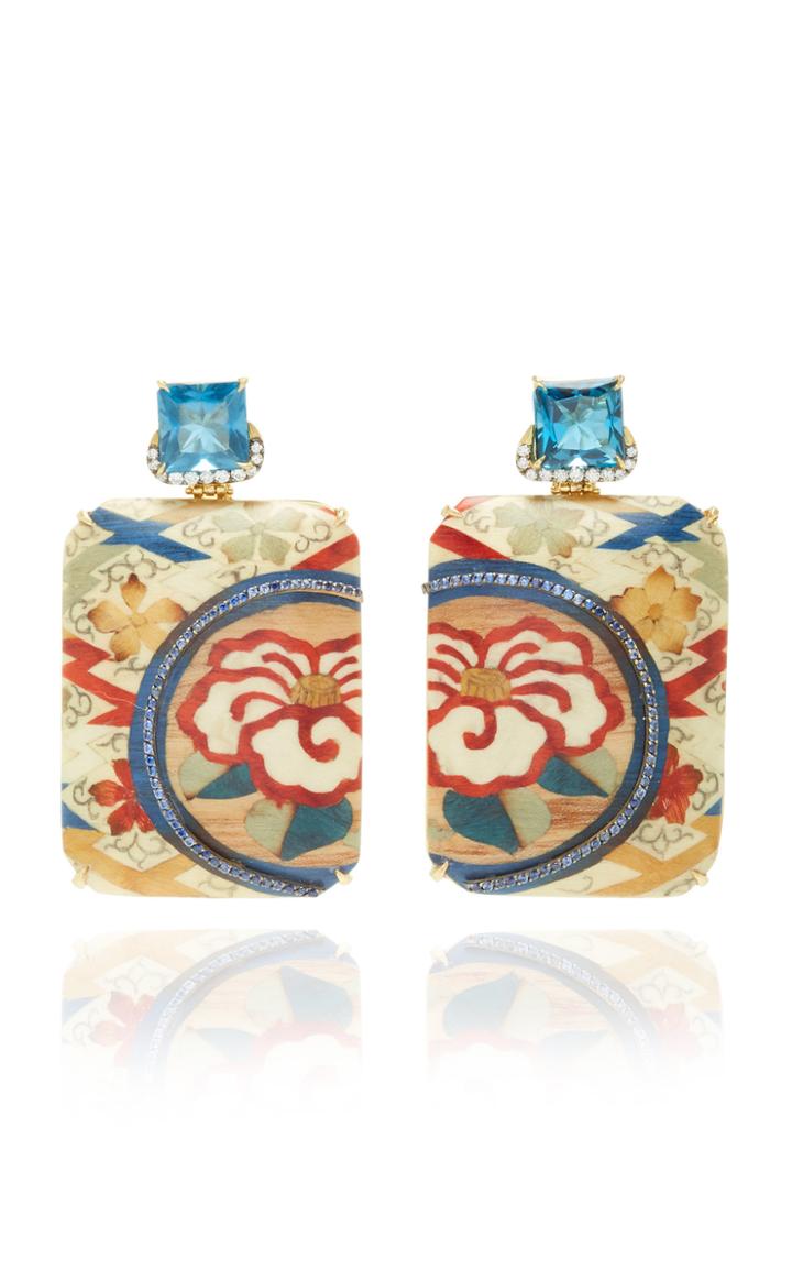 Silvia Furmanovich Marquetry Camellia Flower Pattern Rectangular Earrings