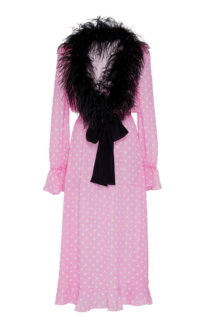 Alessandra Rich Marabou Collar Silk Polka Dot Dress