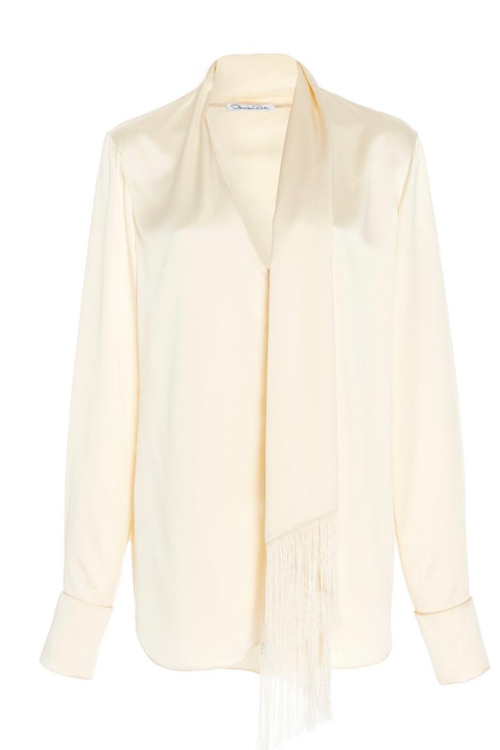 Oscar De La Renta Beaded Fringe Scarf Neck Blouse