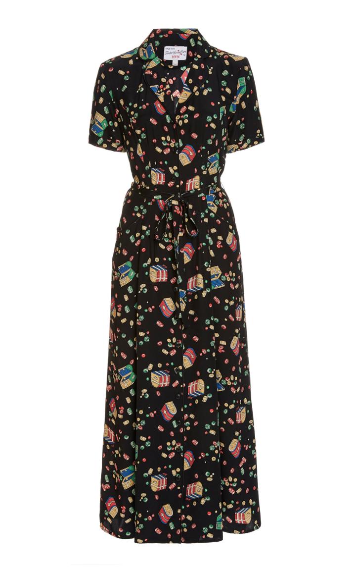 Hvn Printed Woven-silk Midi Dress