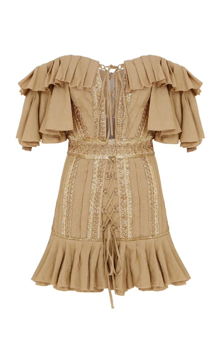 Raisa Vanessa Off The Shoulder Camel Mini Dress