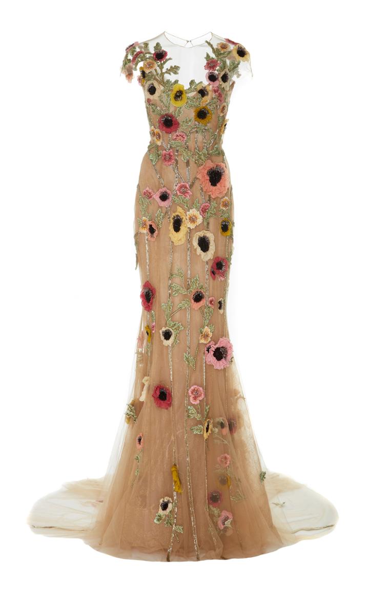 Marchesa Illusion Neckline Floral Embroidered Gown