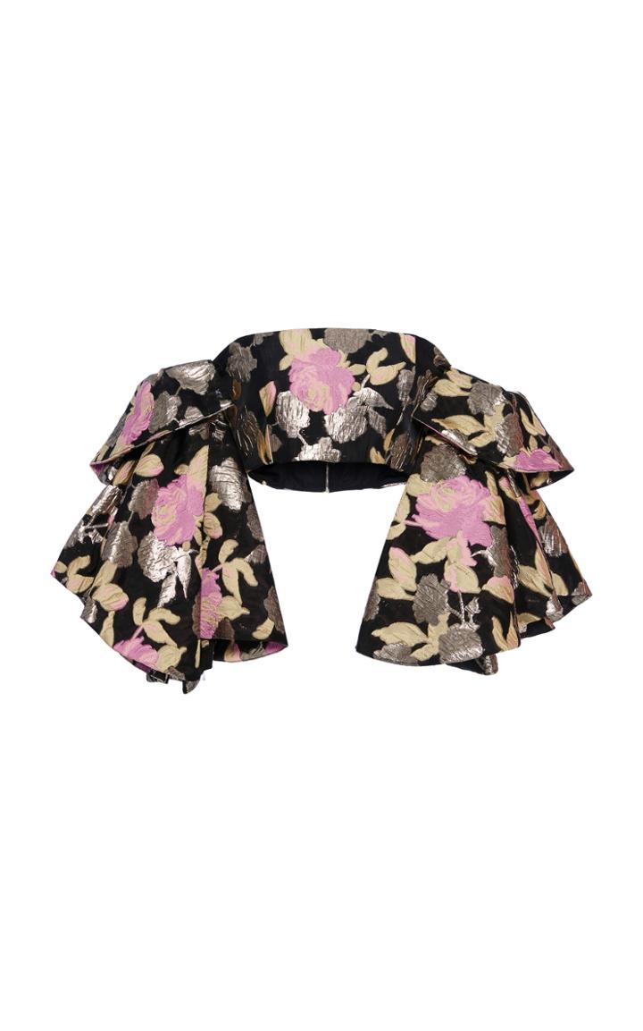 Christian Siriano Psychedelic Floral Brocade Cascading Sleeve Cropped Blouse