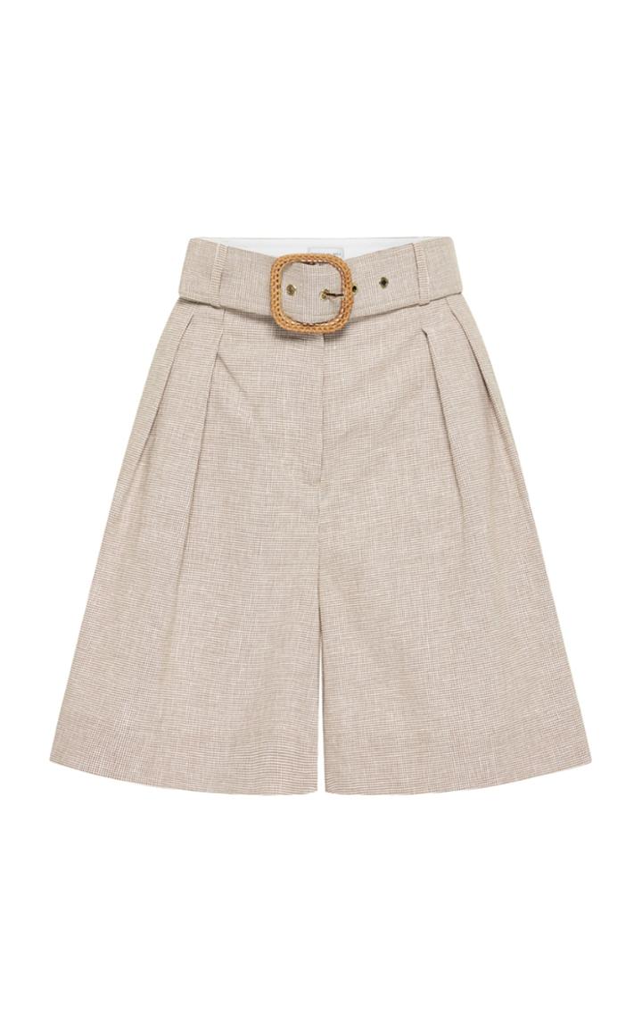 Moda Operandi Rebecca Vallance Zohra Belted Pleated Checked Cotton-linen Shorts