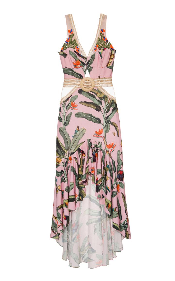 Patbo Embroidered Tropical Print Belted Midi Dress