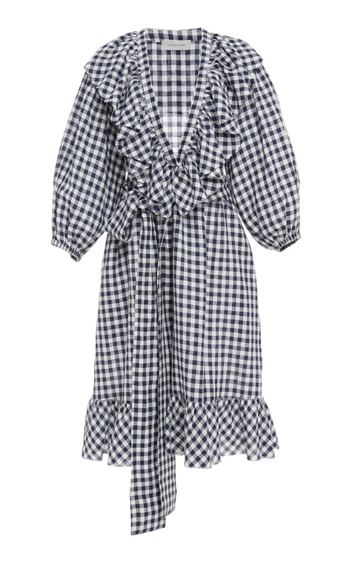 Lee Mathews Nellie Check Linen V Neck Short Sleeve Dress