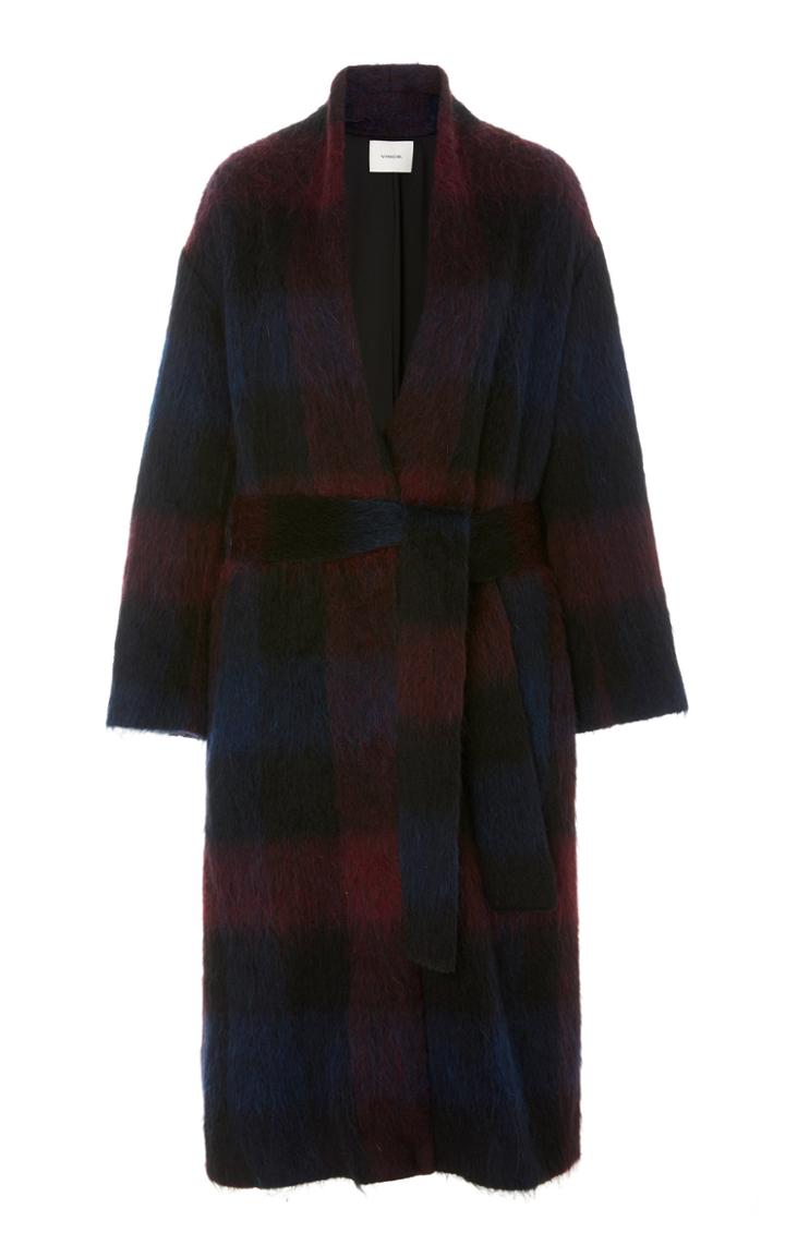 Vince Long Brushed Plaid Belted Coat