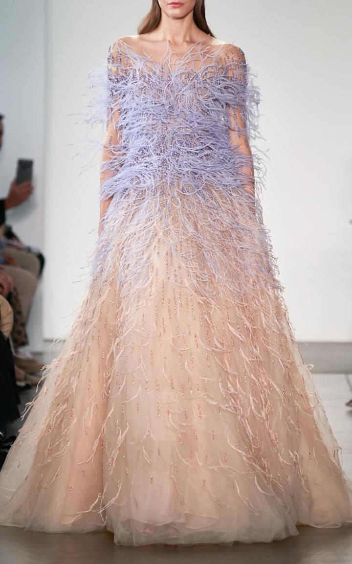 Moda Operandi Pamella Roland Ombr Feather-embellished Chiffon Dress Size: 2