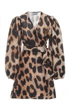 Ganni Silk Linen Leopard Mini Wrap Dress