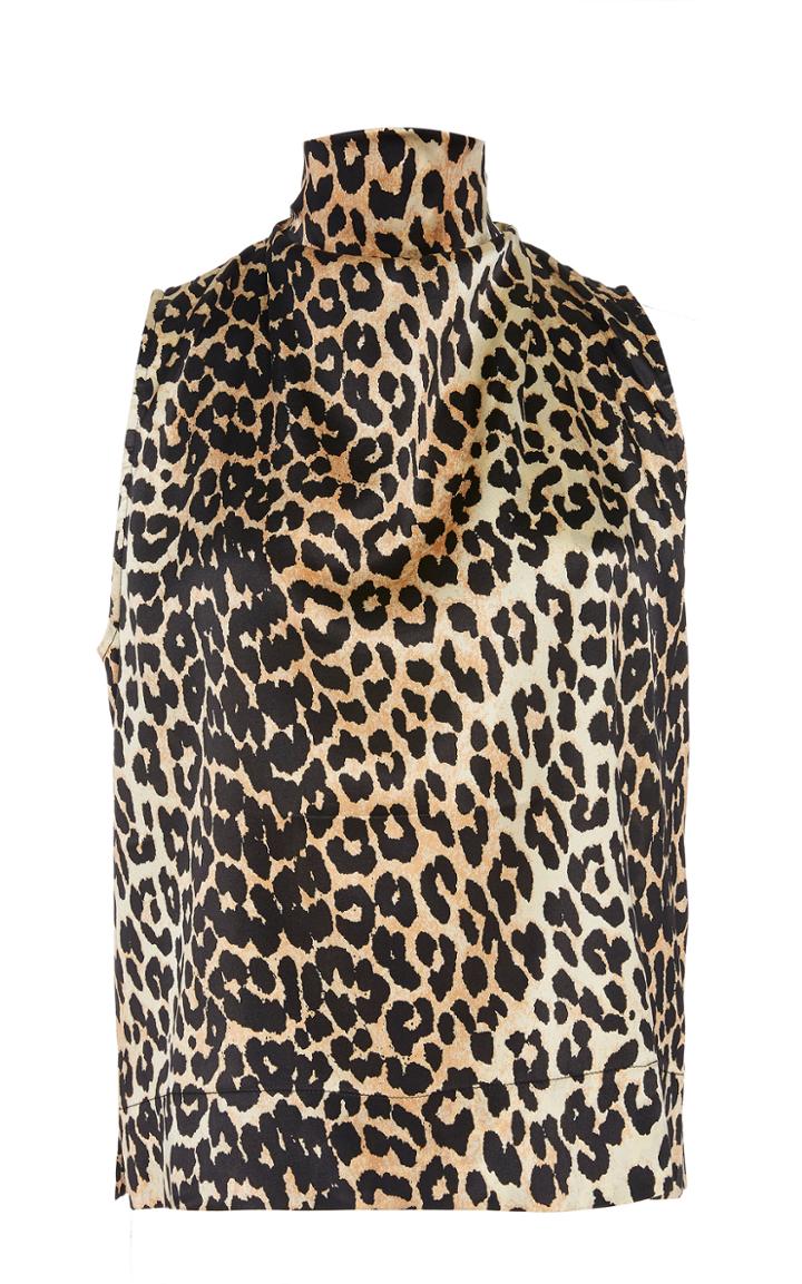 Ganni Leopard-print Stretch Silk-satin Top
