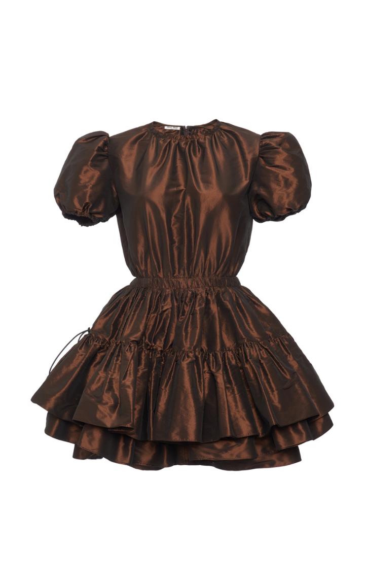 Miu Miu Short Sleeve Taffeta Tiered Ruffle Mini Dress