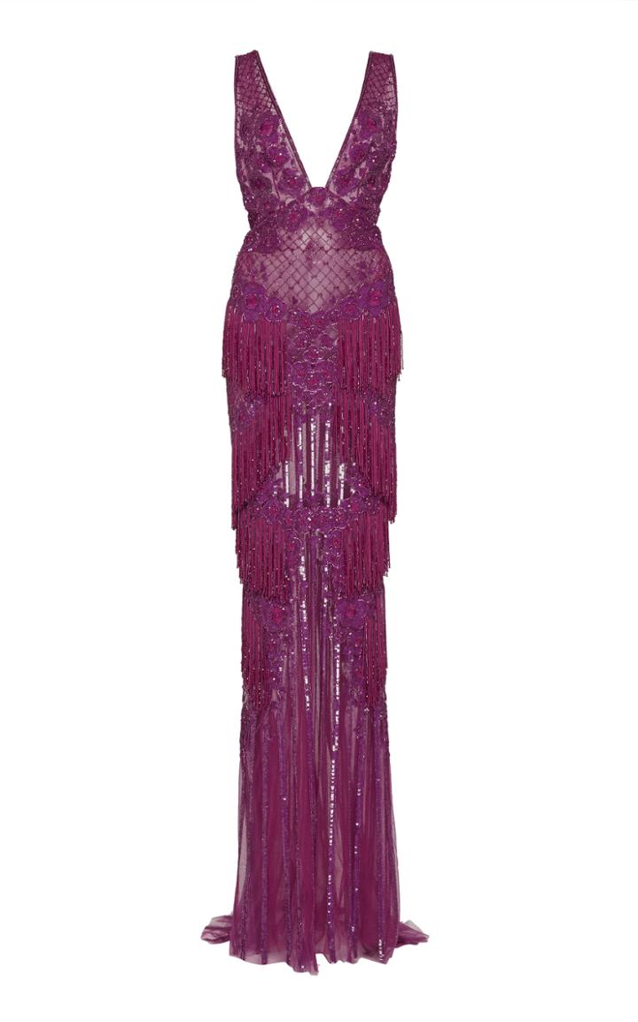 Zuhair Murad Fringe Embroidered V-neck Gown