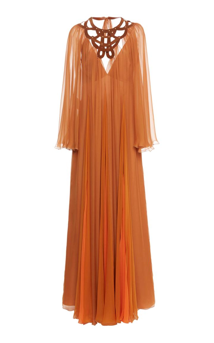 Moda Operandi Alberta Ferretti Chiffon Draped Pleated Gown With Leather Woven Neckli