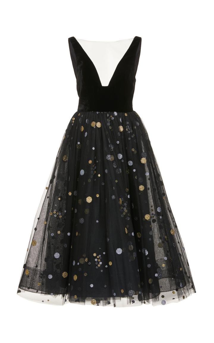 Monique Lhuillier Cosmic Glitter Tulle Tea Length Dress