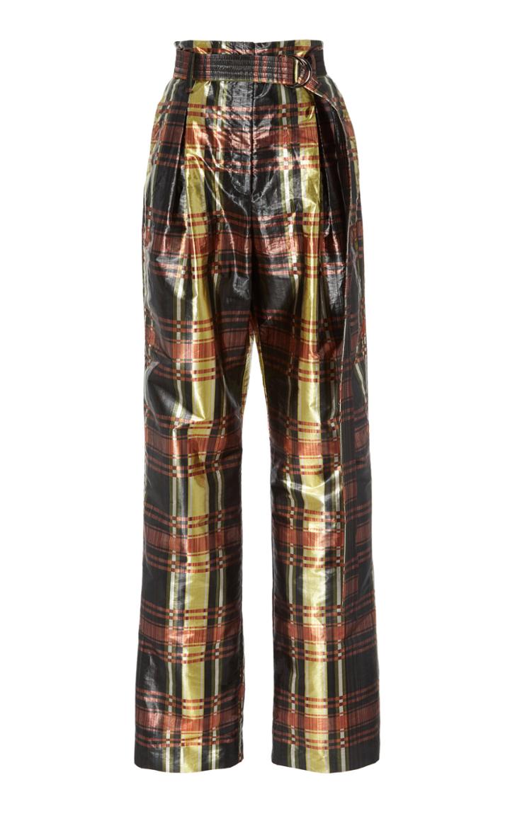 Sally Lapointe High-waisted Metallic Plaid Lam Straight-leg Pants
